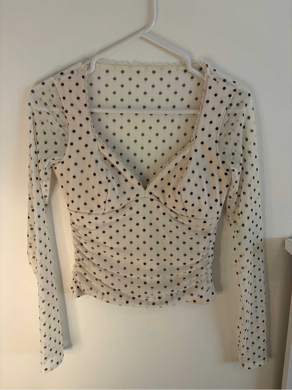 Abercrombie & Fitch Cream Mesh Polka Dot Long-Sleeve Top